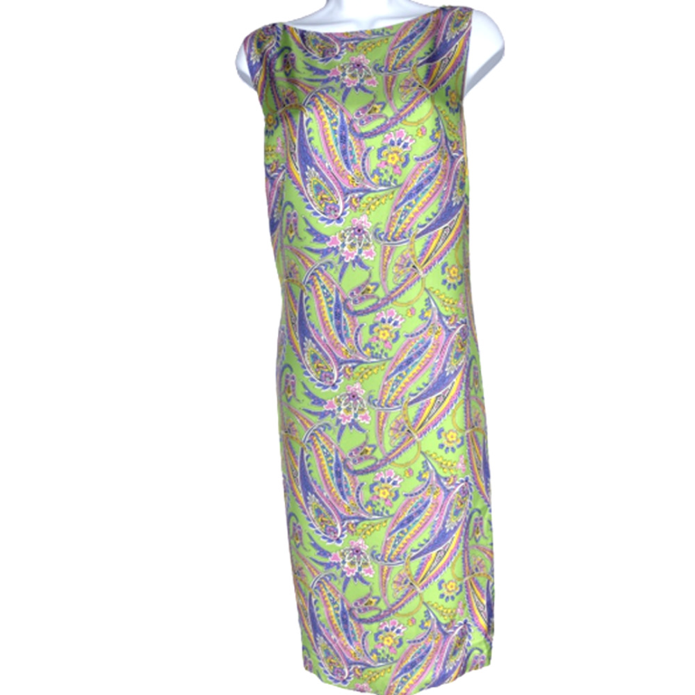 LAUREN Ralph Lauren Sleeveless Paisley Print Silk Shift Dress Green - 14